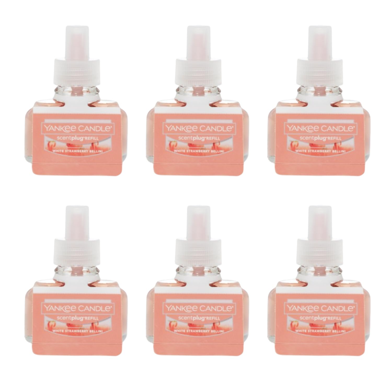 Yankee Candle ScentPlug Refill for Plug in Air Fresheners, Scented Oil Refills, Long Lasting Home Fragrance, Odor Eliminating Fragrance, White Strawberry Bellini (Pack of 6)