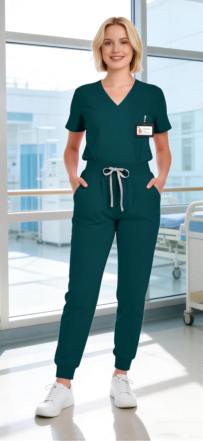 Scrubs for Women Set - 8-Pocket V-Neck Scrub Uniform, Stretch Jogger Pants, Medical Workwear for Nurses, Pet Care - Image 7
