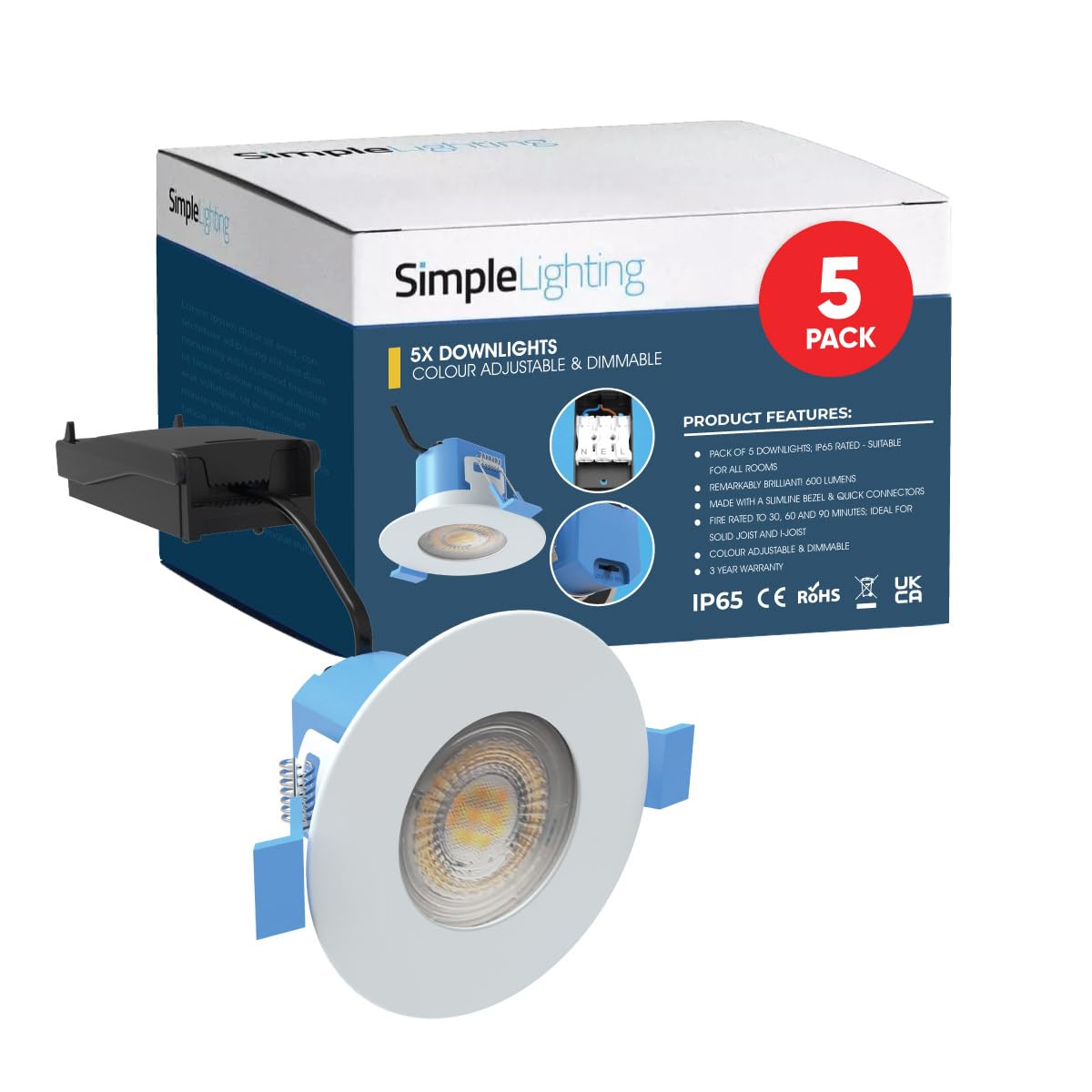 Simple Lighting® Pack of 5 Fire Rated LED Downlights, White, 6W 600lm, CCT Adjustable (3000K/4000K/6000K), IP65 Waterproof, Dimmable, 55-70mm Cut-Out