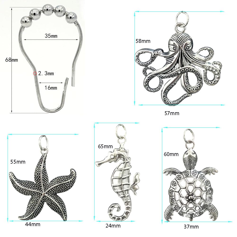 Hnfotoy 12-Pack Rust-Resistant Stainless Steel Shower Curtain Hooks Rings with Cute Zinc Alloy Marine Animal Pendants - Seahorse, Starfish, Octopus, Sea Turtle - Silver