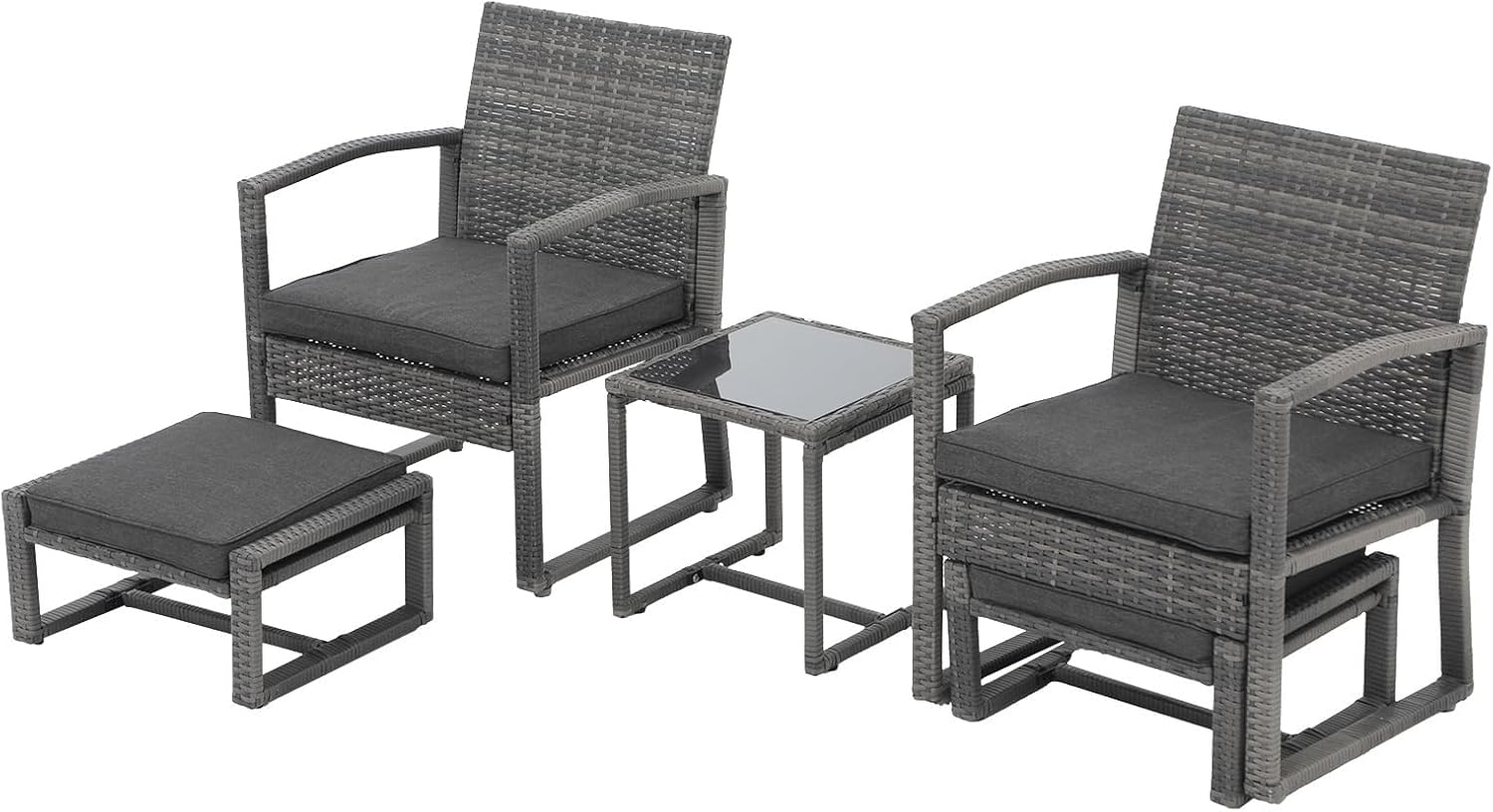 5 Piece Outdoor Patio Wicker Furniture Set All Weather Grey PE Rattan Chair and Ottoman Footstool Conversation Sets Coffee Table Cushions for Garden Balcony Porch Space