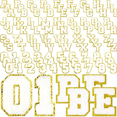 108 Pcs Glitters Patches 78 Pcs Iron on Letters Chenille A-Z Patches Decorative Repair Embroidered Patches 30 Pcs Iron on Number Patches Sew On Chenille for Clothing Hat Bag (White)