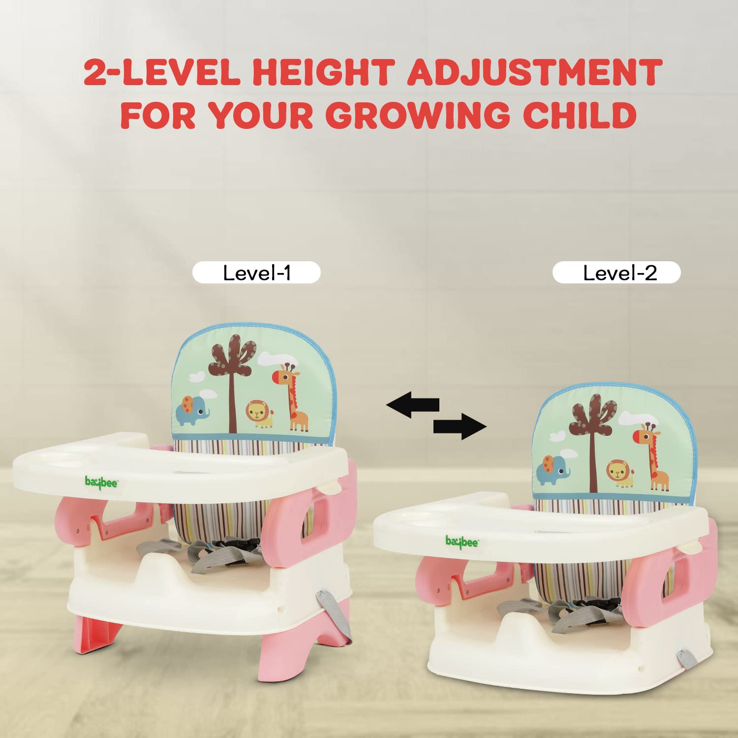 Baybee Portable Baby Booster Chair for Feeding | Folding Dining Chair for Baby with 2 Level Height Adjustable, Food Tray, Safety Belt | Infant Sitting Chairs for Kids 6 Months to 3 Years (Pink) - Image 4 thumbnail