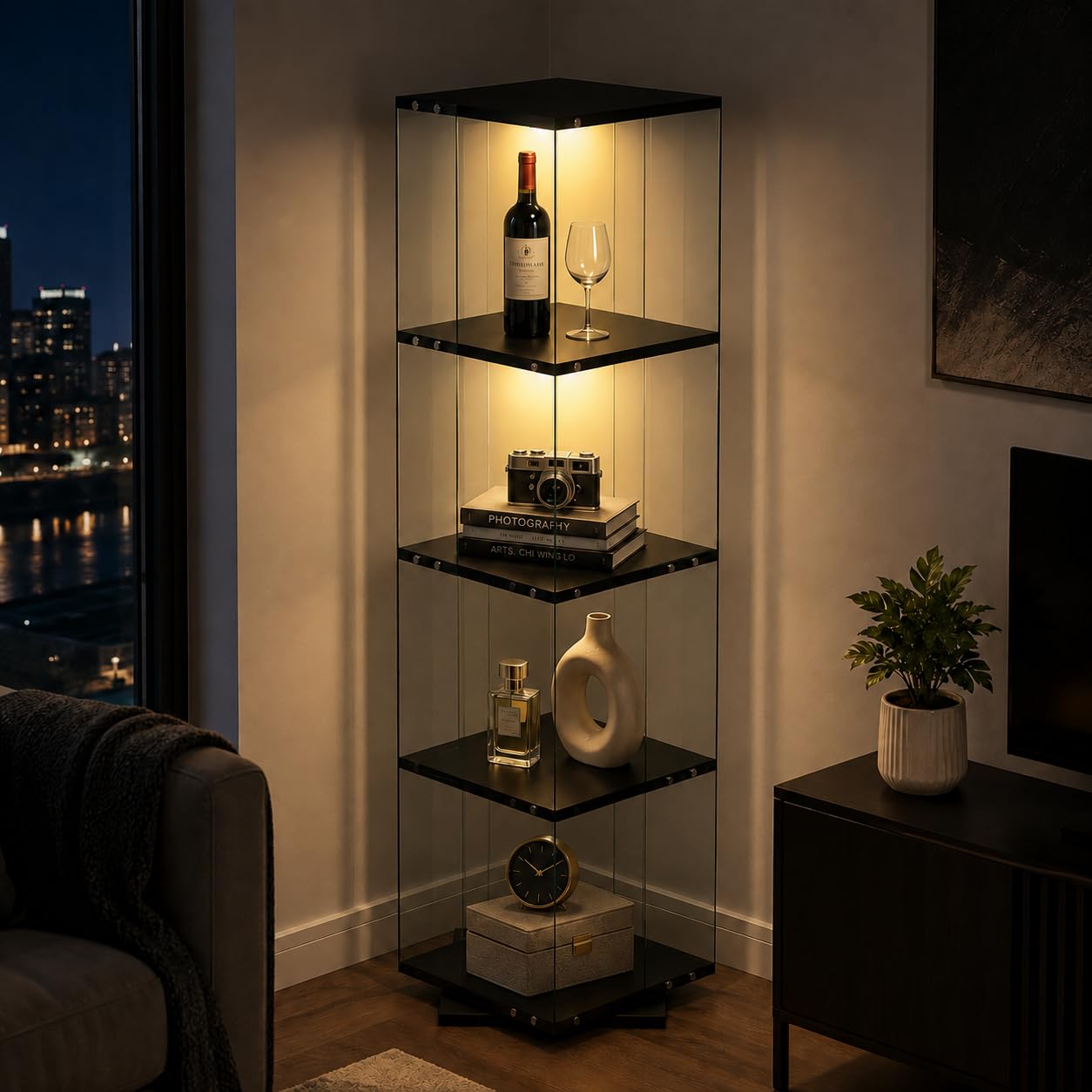 Vetrina girevole in vetro con illuminazione a LED, girevole a 360°, per statuette, giocattoli, vino, libri, 38 x 38 x 160 cm