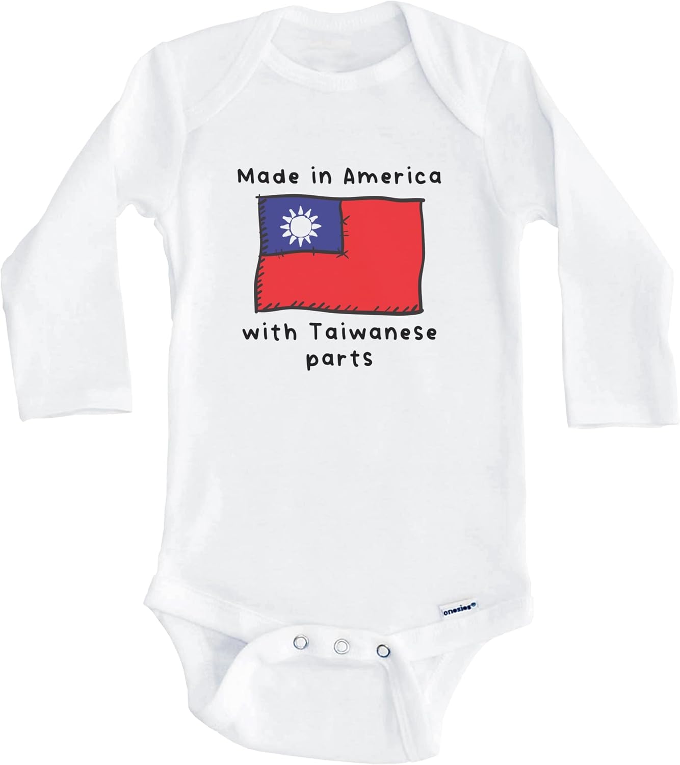 Made in America with Taiwanese Parts Taiwan Flag One Piece Baby Bodysuit (Long Sleeve)