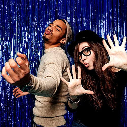 Image of 4 Pack Blue Foil Fringe Curtain Backdrop, 3.28Ftx8.2Ft Metallic Tinsel Streamers for Sea Party, Photo Booth Props, Birthday, 2022 Summer Ocean Theme Party Decoration Supplies