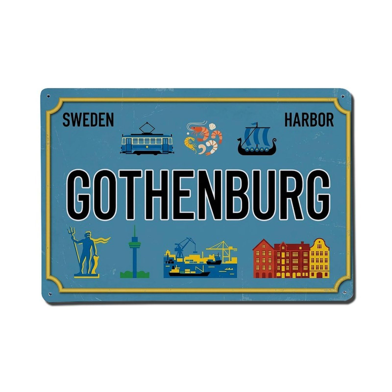 Cwbufd 8X12inch(20X30cm) Vintage Travel Gothenburg Sweden Harbor Tram Metal Tin Sign Plaque Wall Decor For Cafe, Club Bar, Office, Garden Metal Poster 8X12inch