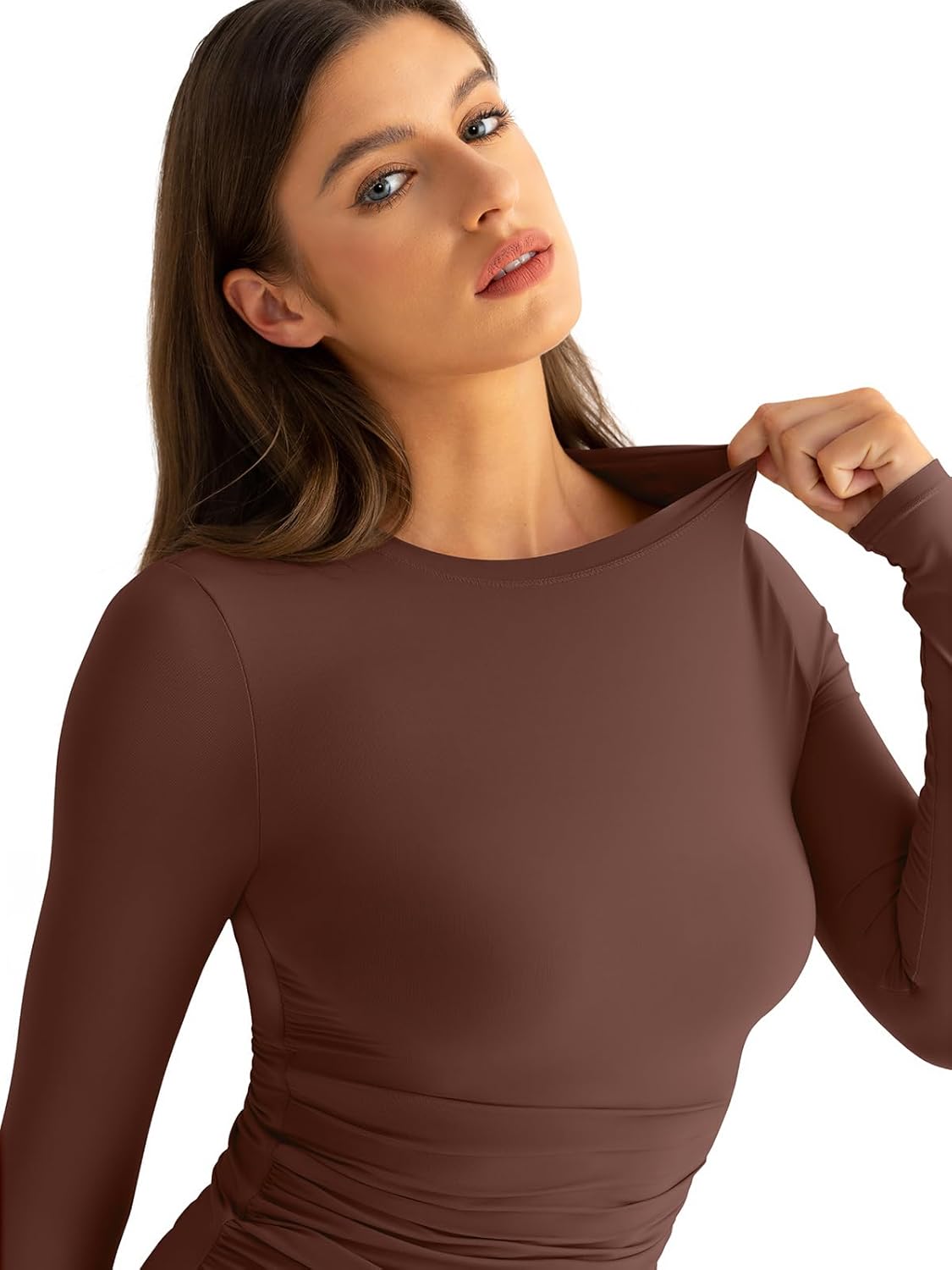 Womens Double Lined Long Sleeve Shirts Crewneck Ruched Top Tight Fitted Basic Tee Fall Going Out Outfits 2026 - Image 2