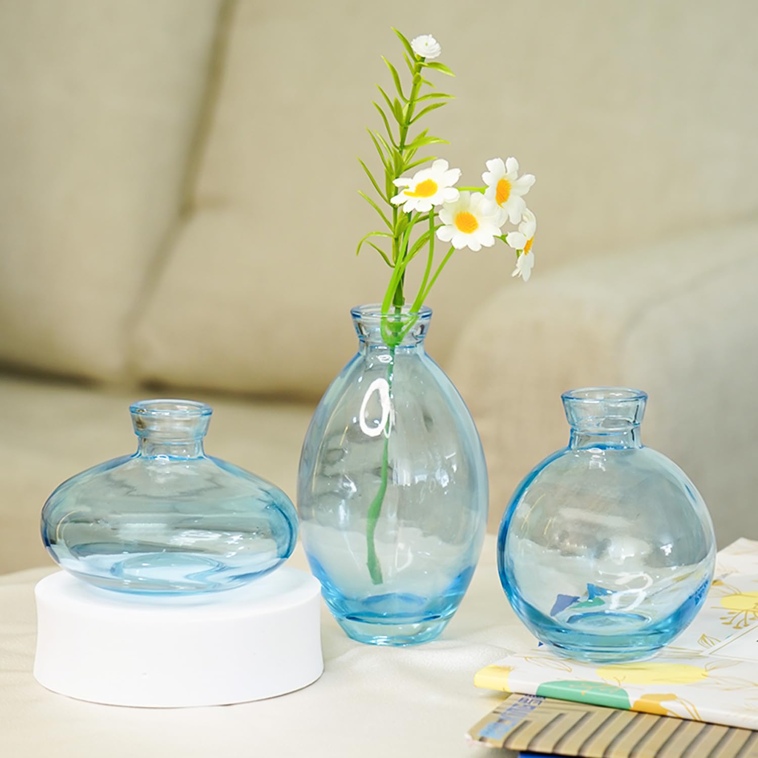 Ekhasa 100% Crystal Blue Glass Bud Vases Flower Pots for Home Decoration (Set of 3) | Center Table Mini Decorative Items | Transparent Glass Vase for Water Plants | Glass Planters for Indoor Plants