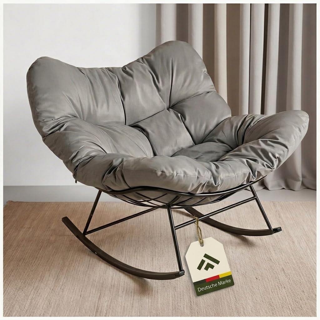 novaterra® Moderner Schaukelstuhl mit großem Komfort Kissen – ergonomischer Relax Schaukelstuhl hochwertig, gepolstert & ideal für den Garten, Lesen & Entspannen