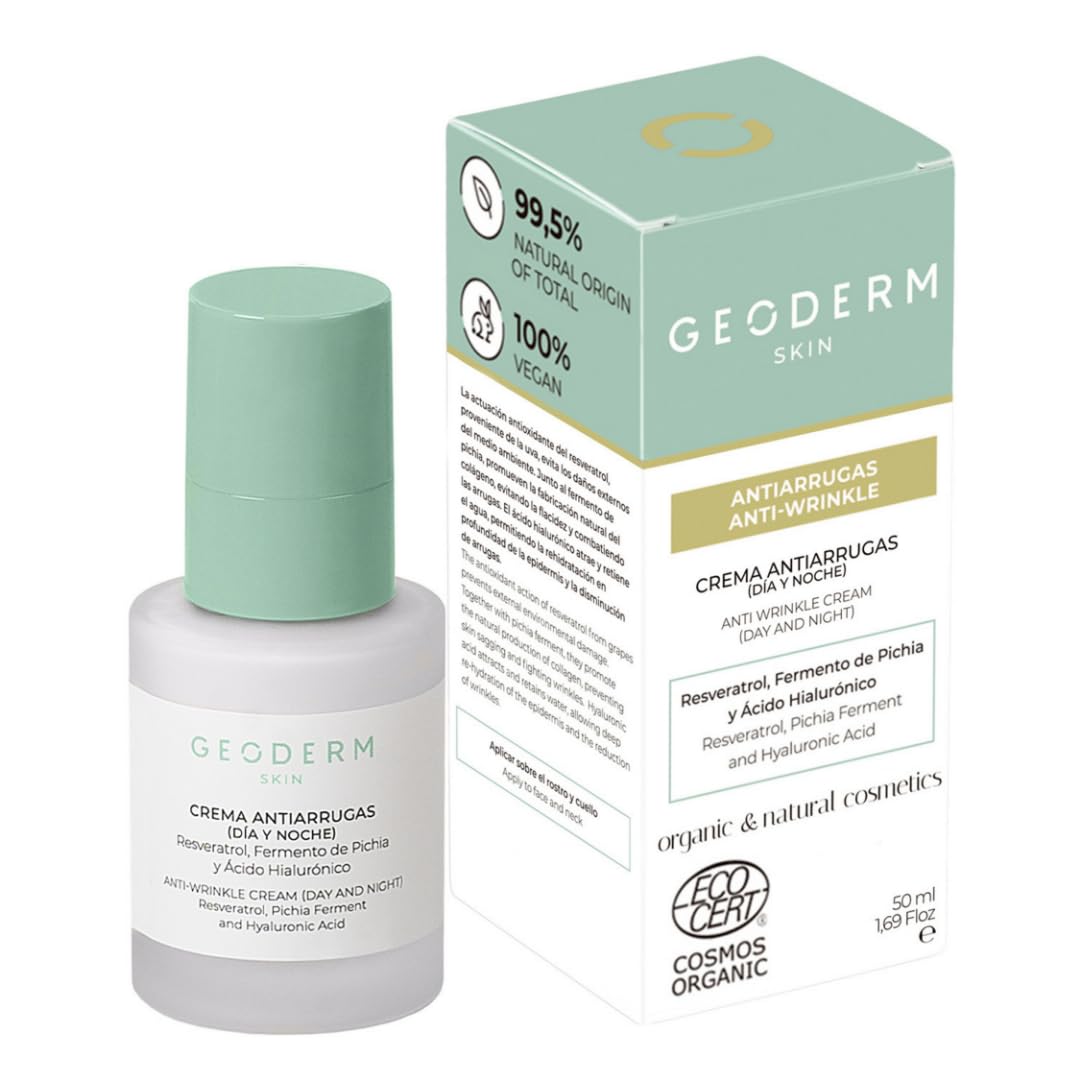 GEODERM Crema Antiarrugas - Corrige y Previene Arrugas con Resveratrol, Fermento de Pichia y Acido Hialuronico - Todo tipo de piel, Orgánico y Bio - Crema Hidratante Facial Mujer Día y Noche, 50ml