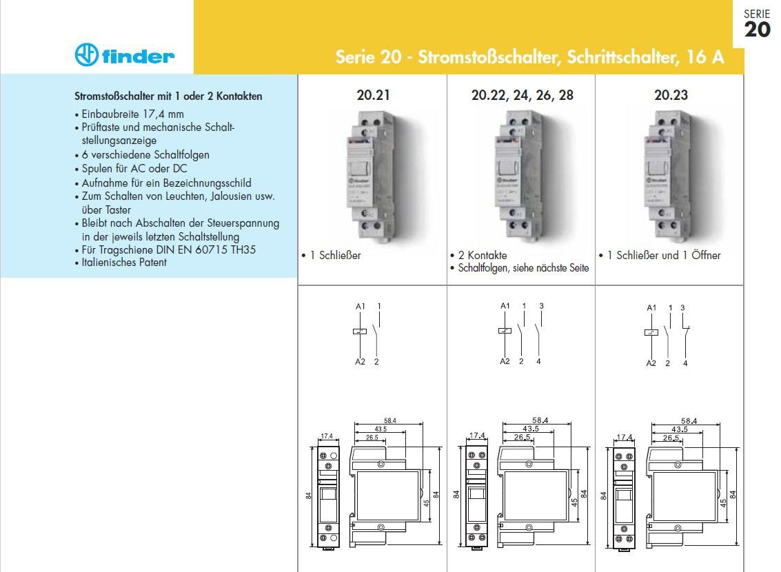 Finder Series 20 – Deragliatore anteriore 1 contatto Open + 1 contatto chiuso 240 VAC AGSN02 35 mm