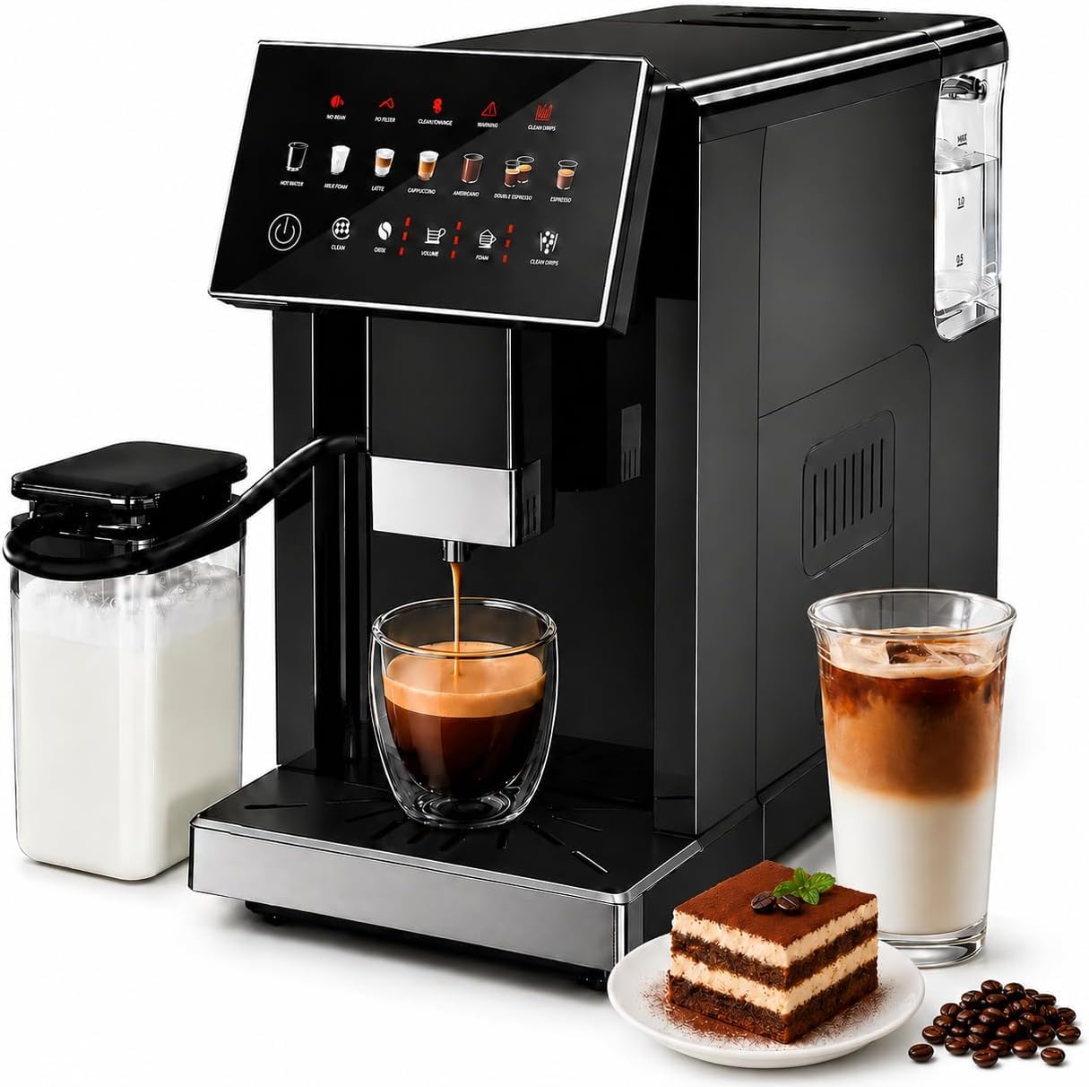 Kismile Automatic Espresso Machine with Grinder &amp; Milk Frother, Latte &amp; Cappuccino Maker, Single/Double Cup, Thickness Adjustment, 1.5L Removable Water Tank
