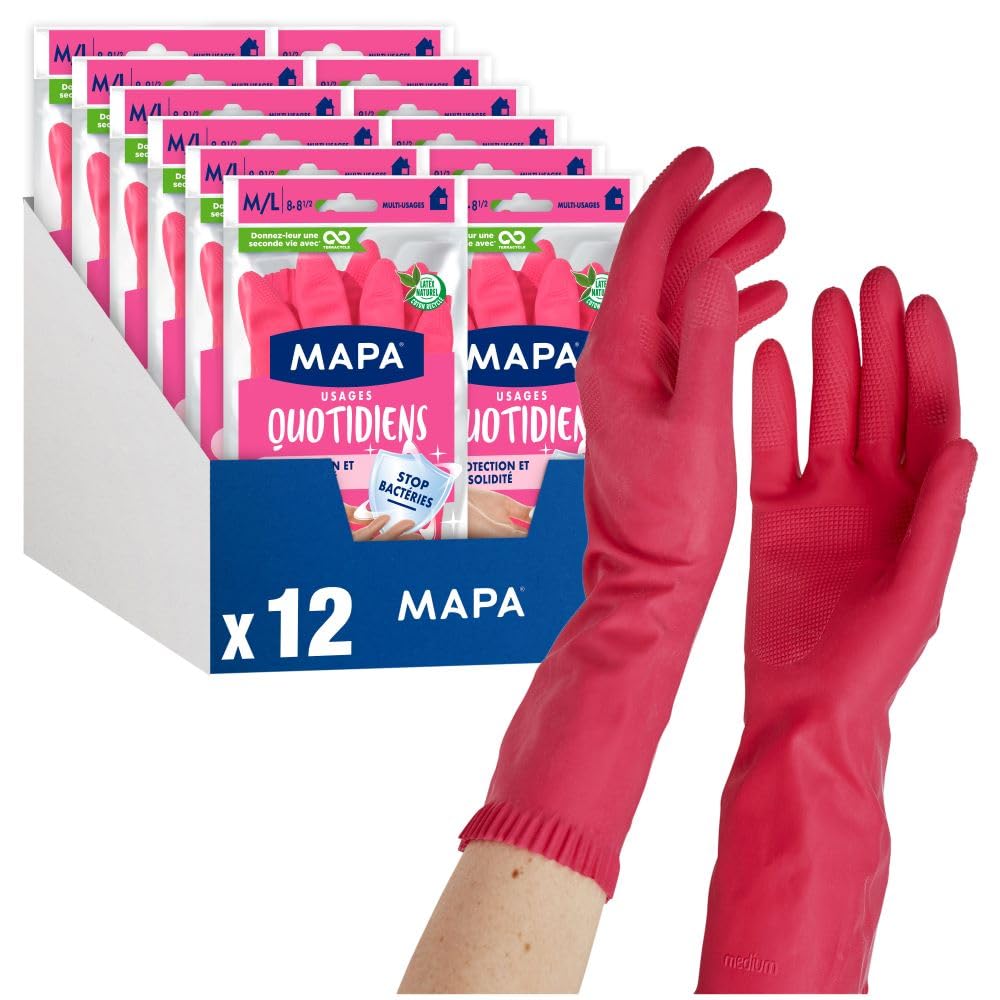 Mapa - Usages Quotidiens - 12 paires de Gants de Ménage en Latex intérieur Coton - Protection et Solidité - 12 paires - Taille M/L