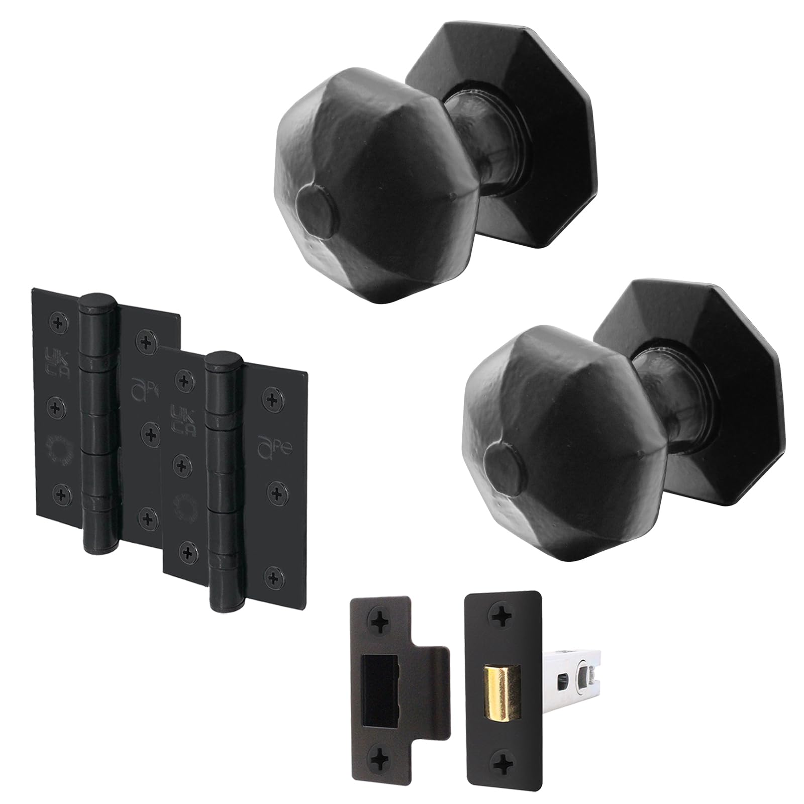 Eai Black Iron Door Knob Set - 1 Pair Of Cast Iron Antique Octagonal Mortice Knobs, Latch (76Mm) & Hinges (76Mm)