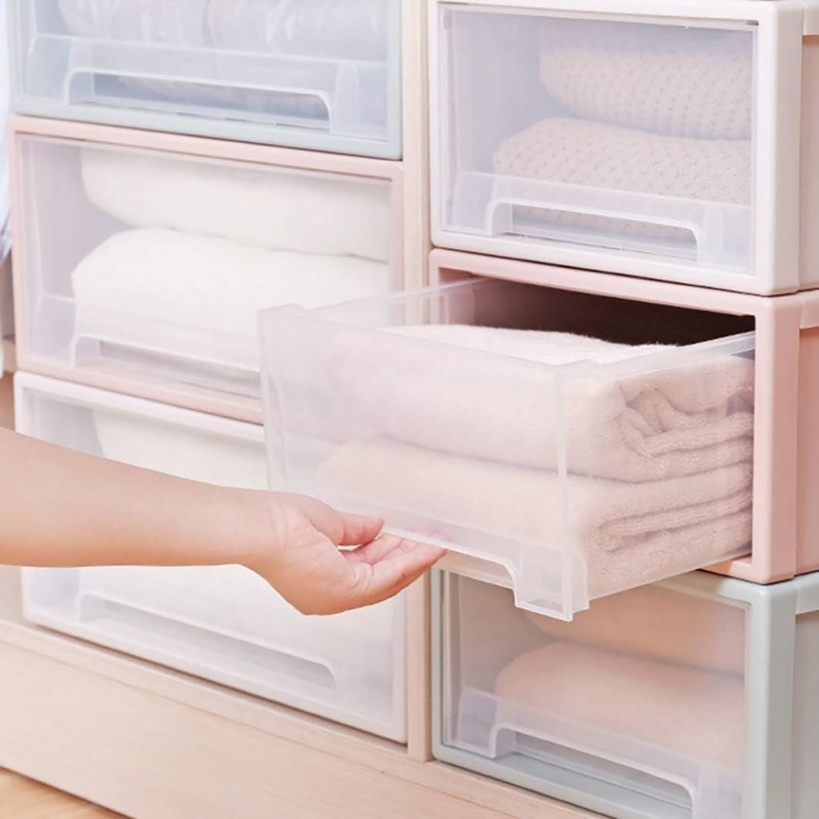 MosQuick Set Of 2 Storage Boxes Pull-Out Clothes Organiser For Wardrobe, Drawer Organizer Layered, Stackable Plastic Transparent Organisers Box, Box 23L & 13 L White, Clothing-image-0
