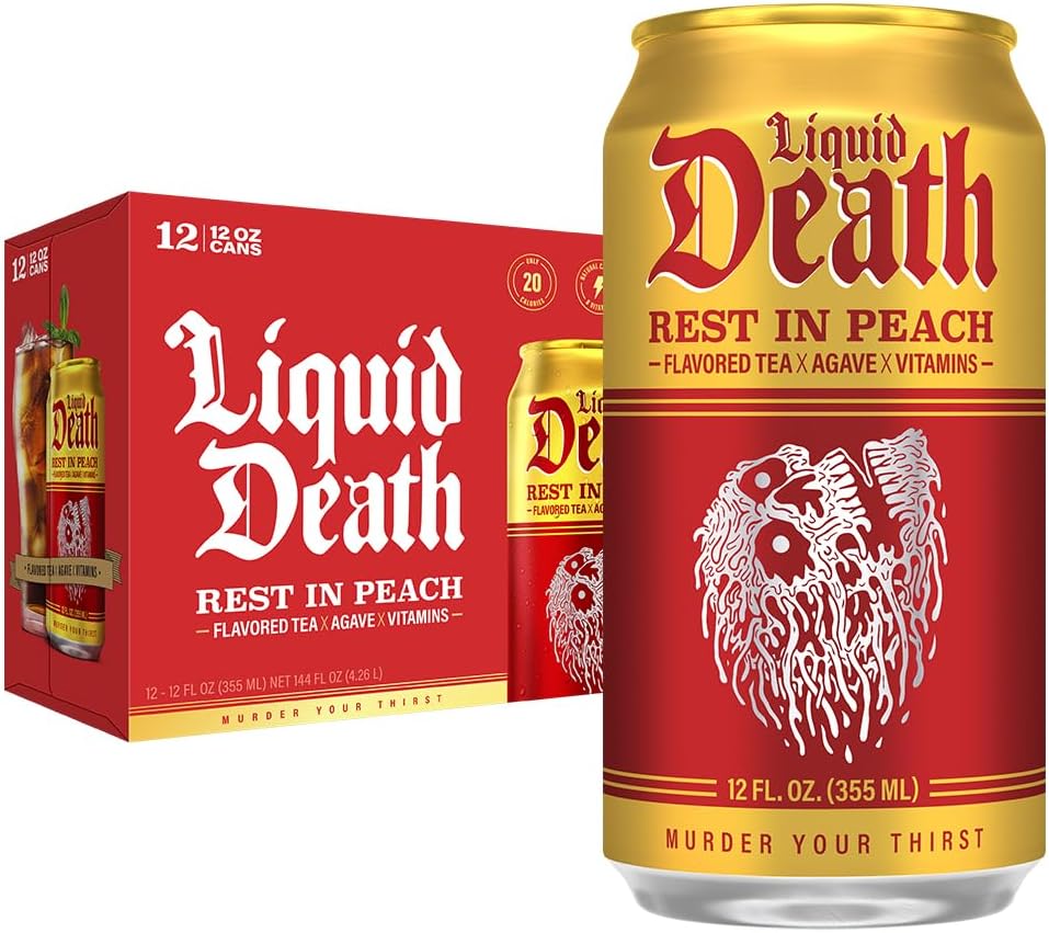 Liquid Death Iced Tea - Rest In Peach (Peach-Flavored Black Tea), Less Sugar*, Boost of Caffeine, B Vitamins, No Artificial Sweeteners, 12 Fl Oz (Pack of 12)