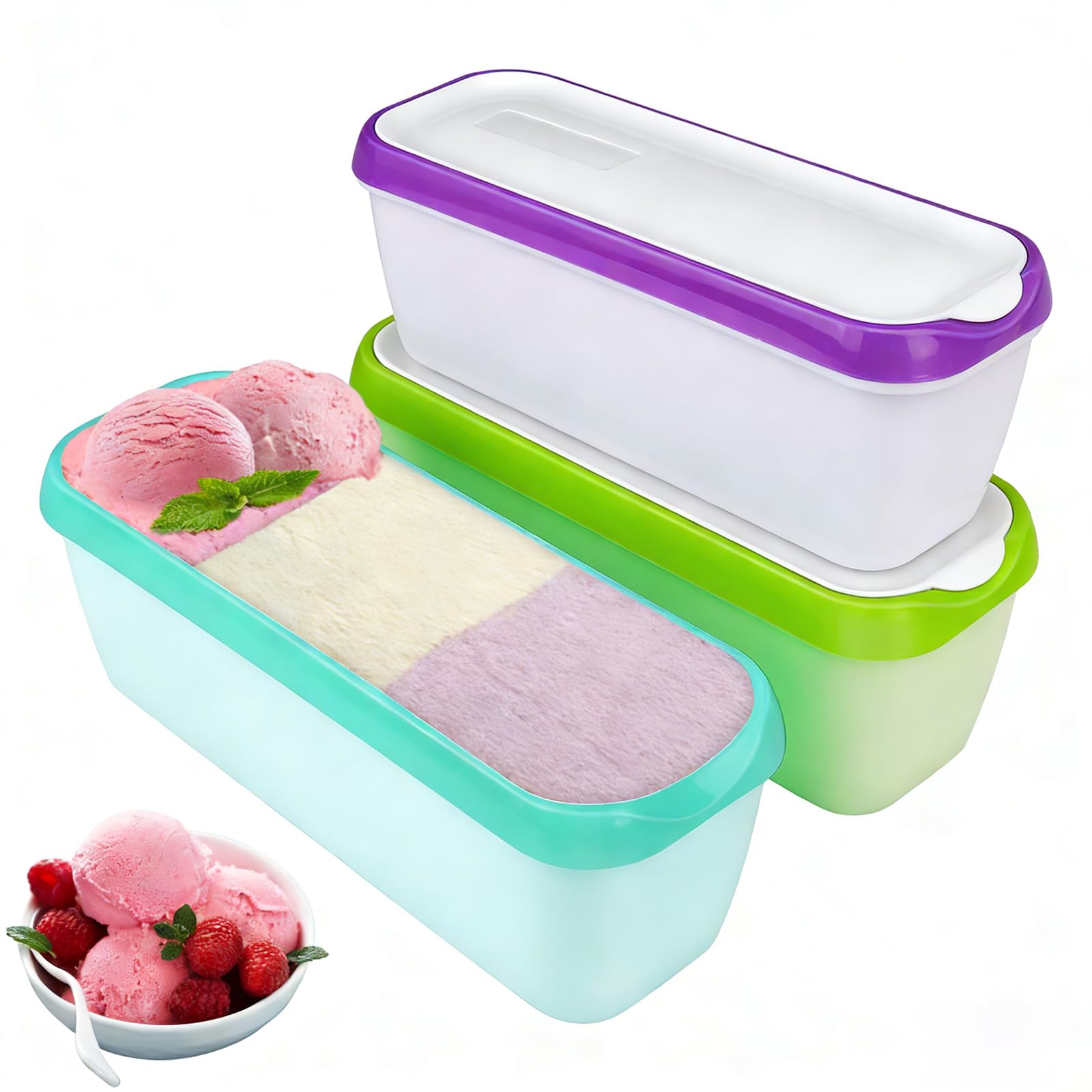 Lereke Ice Cream Containers, 3 Pack 1.5L Reusable Freezer Storage Tubs with Lids for Homemade Ice Cream, BPA Free Food Storage Containers Dessert Storage Tubs for Gelato, Frozen Yoghurt, Sorbet