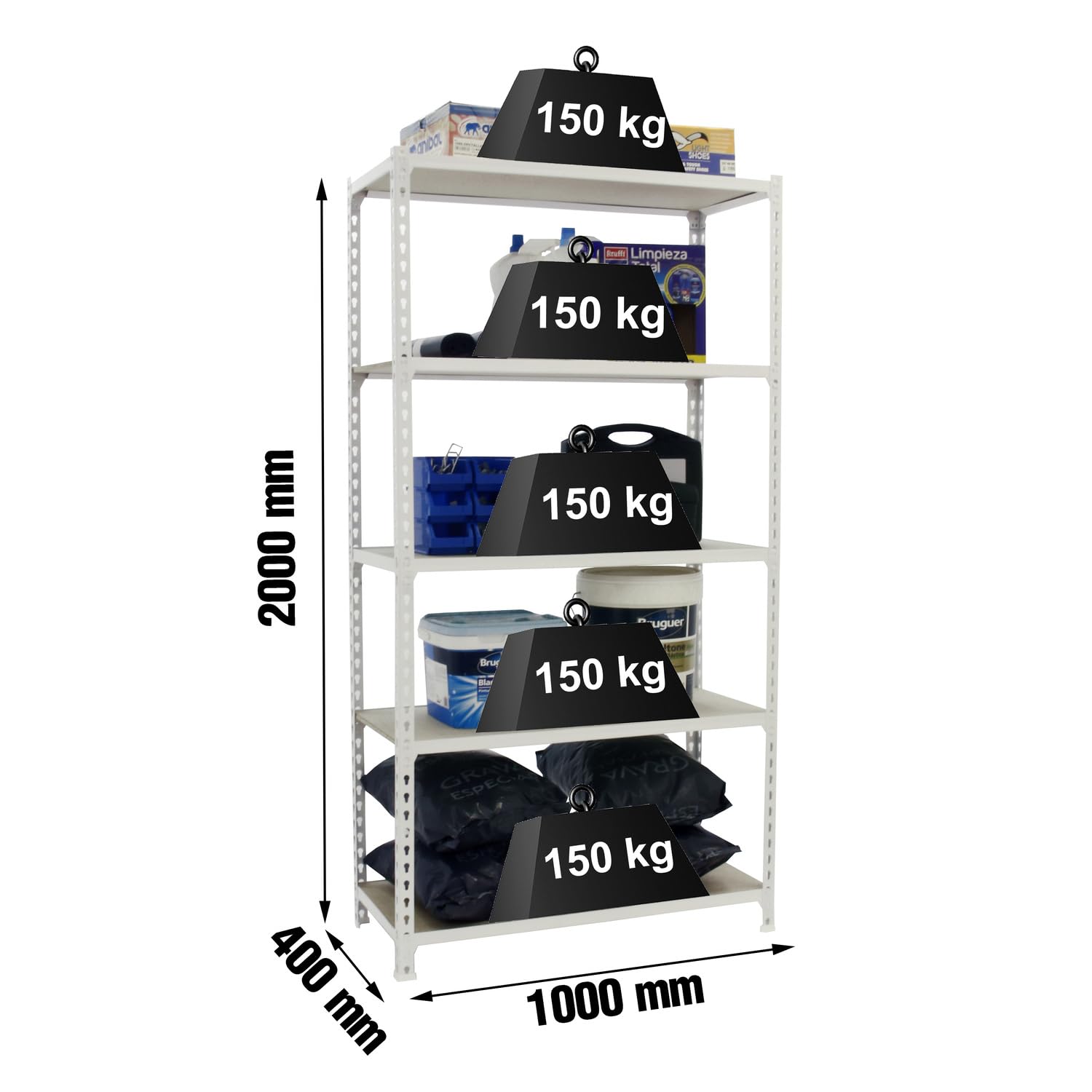 Simon Rack Estantería Metálica 2000x1000x400 mm - Maderclick | 5 Alturas, Bandeja Madera, 150 kg de Punto Flexión, Blanco , Pintura anticorrosión, Montaje sistema clic