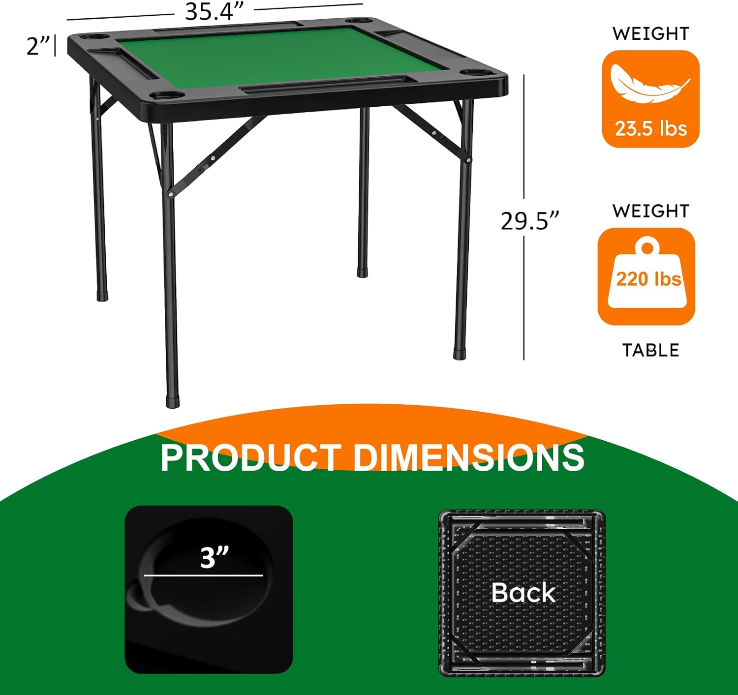 Mahjong Table, 35.4" Square Folding Card Table with Green Felt, Chip Trays, 4 Cup Holders, Multi-Game, Domino and Poker Tables for 4 Players, Foldable Tables for Jigsaw Puzzles, Black