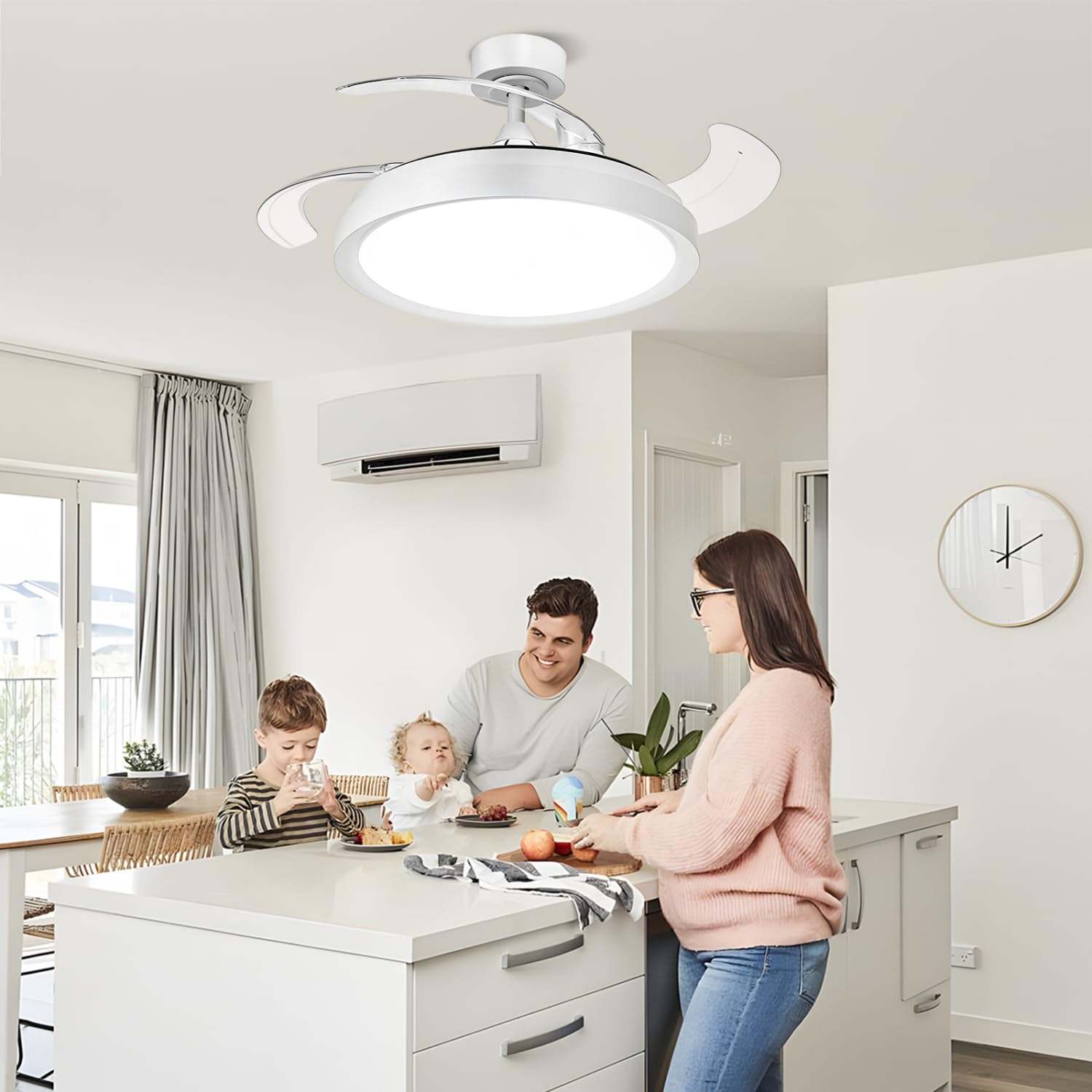 Aigostar Ventilador de Techo LED de 50W 5300LM, Aspas Retráctiles, CCT 2700K-6500K y Brillo Ajustable, con Control Remoto y Función Verano e Invierno(Blanco)