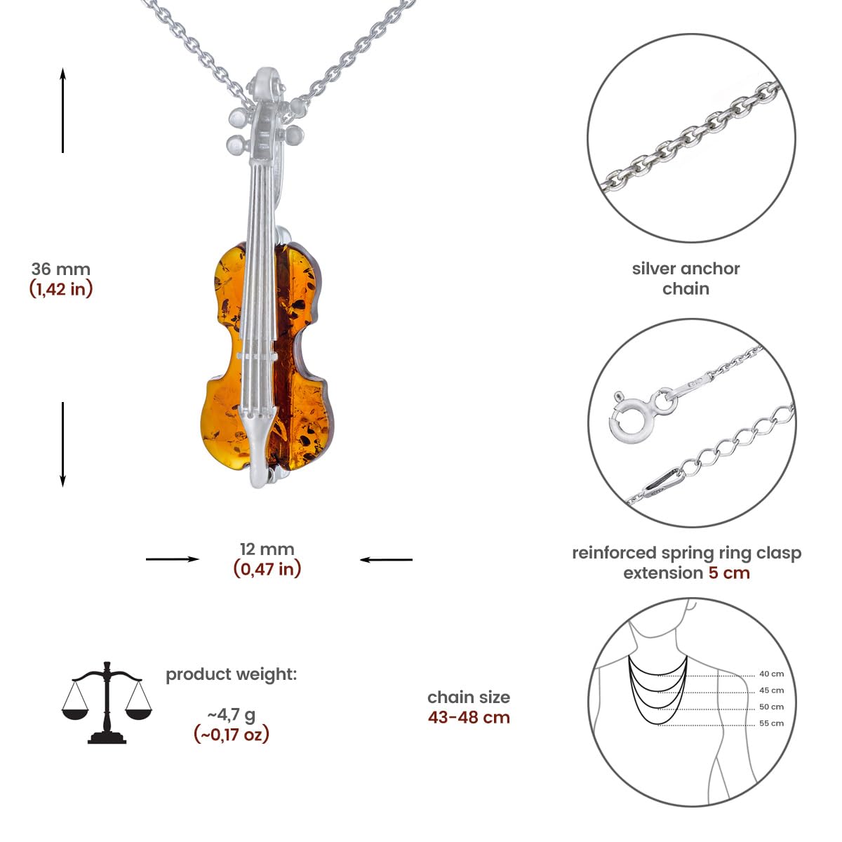 Collana in argento a forma di violino con ambra, ciondolo in argento Sterling 925 su una catena, gioiello musicista, regalo da donna