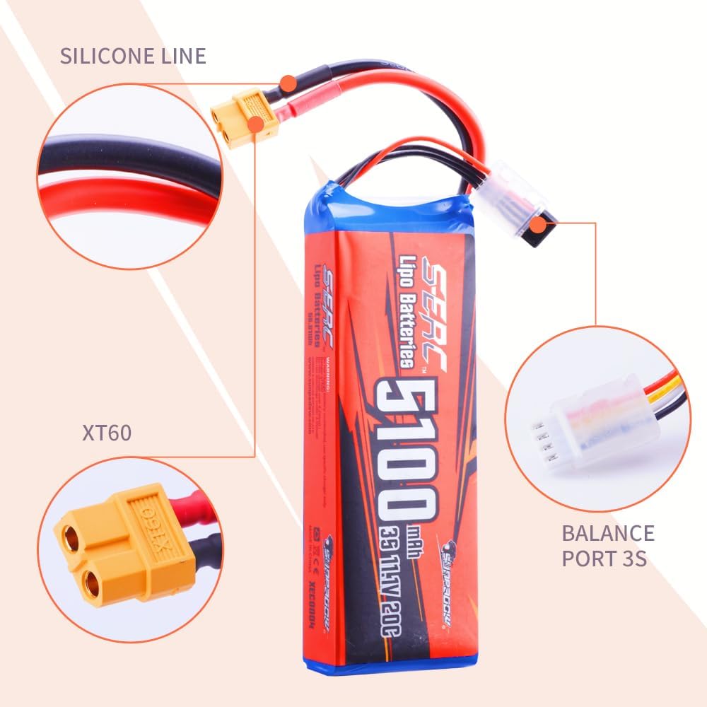 SUNPADOW 3S 11.1V RC Lipo Battery 20C 5100mAh with XT60 Connector Rechargeable for RC Airplane Quadcopter Helicopter Drone FPV Model Racing Hobby (2 Count)