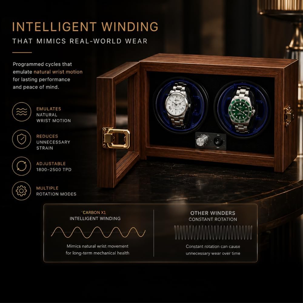 Carbon X1 Dual Watch Winder for Automatic Watches, Wooden Luxury Watch Spinner Box , Smart 650-1850 TPD Control , Ultra-Quiet Japanese Motor, Bi-Directional Winding, Blue LED Lighting, 2 Watch Display Case