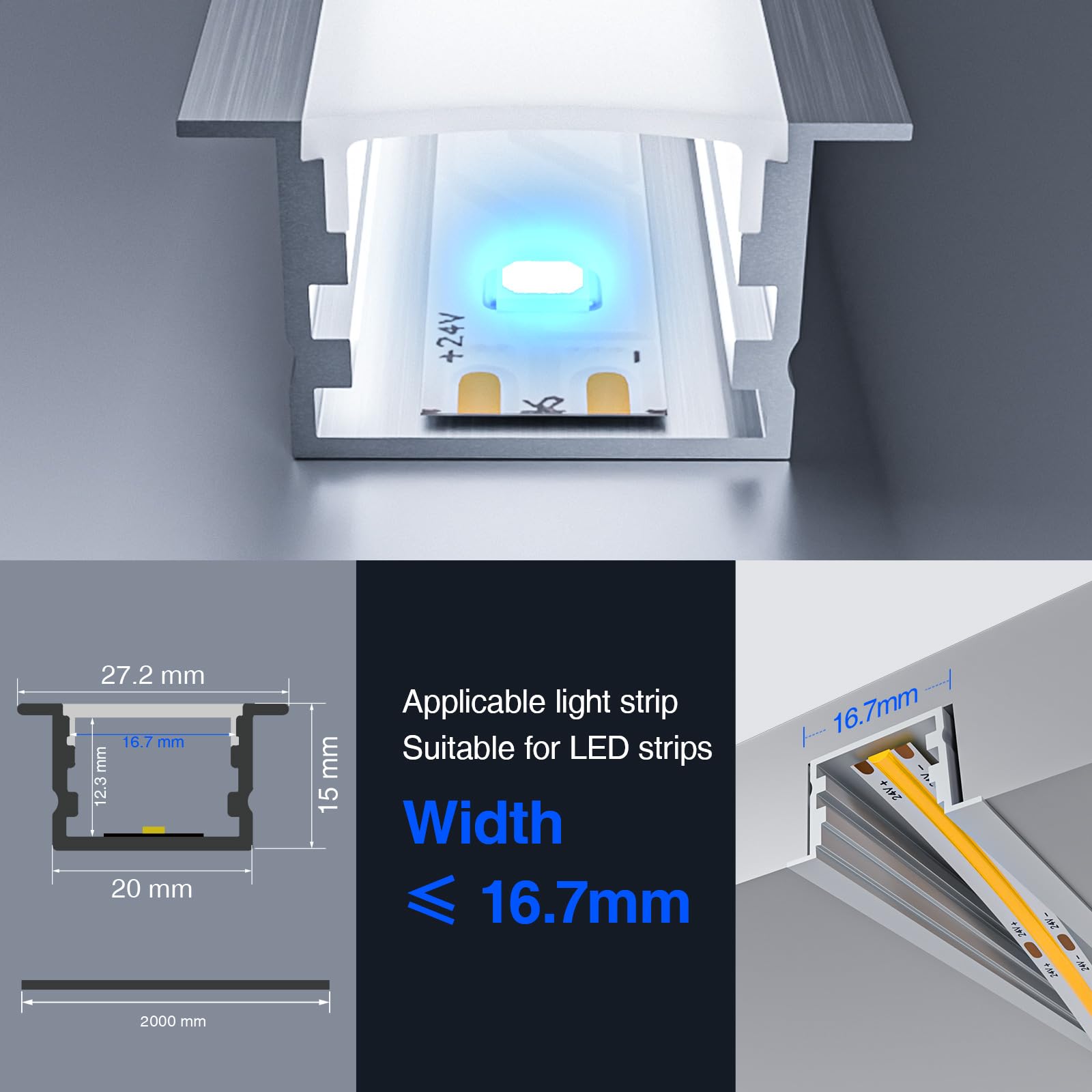 Profilo in alluminio a LED, 20 x 2 m (40 m), per strisce LED fino a 15 mm di larghezza, con copertura in PC bianco latte e set di accessori (SP25)