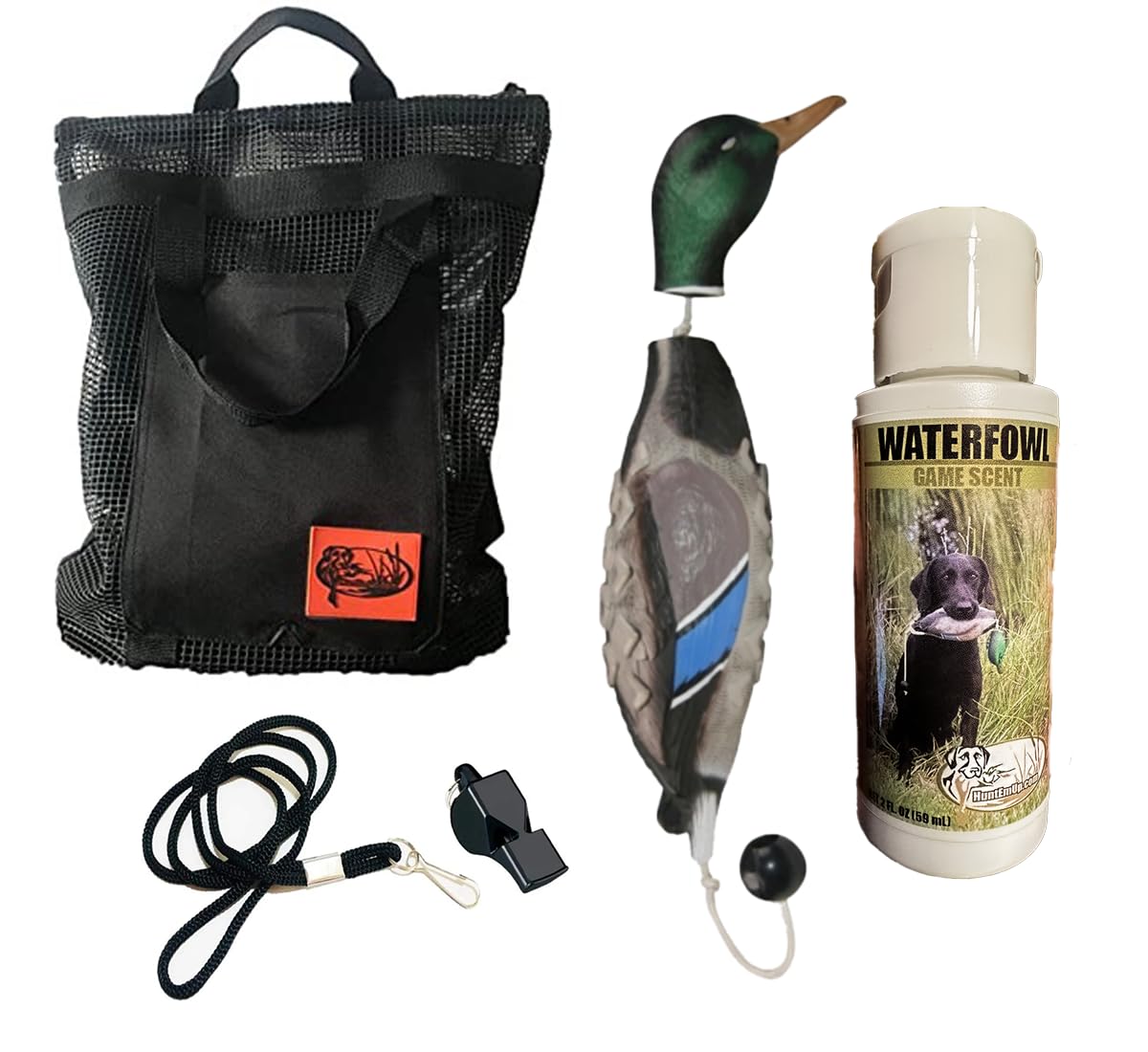 HuntEmUp Ultimate Waterfowl Dog Training Scent - with Dead Fowl Mallard Dummy, Mesh Bag, and Whistle & Lanyard