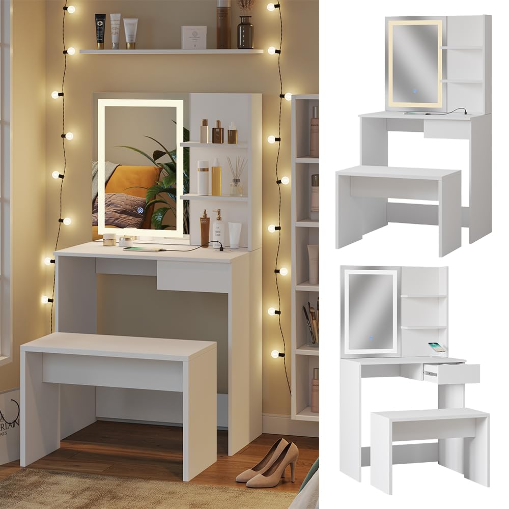 Vicco Coiffeuse Dekos, Blanc, 75cm avec miroir LED