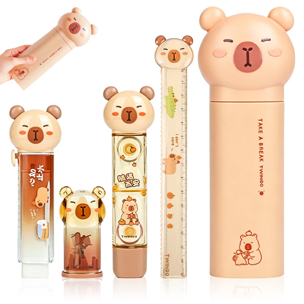 HAJXXMM Capybara Stationery Set, 5Pcs Capybara Stationery, Cute Pencil Case, Ruler, Correction Tape, Glue Dots, Eraser, Pencil Sharpener For the Office and School — image 1