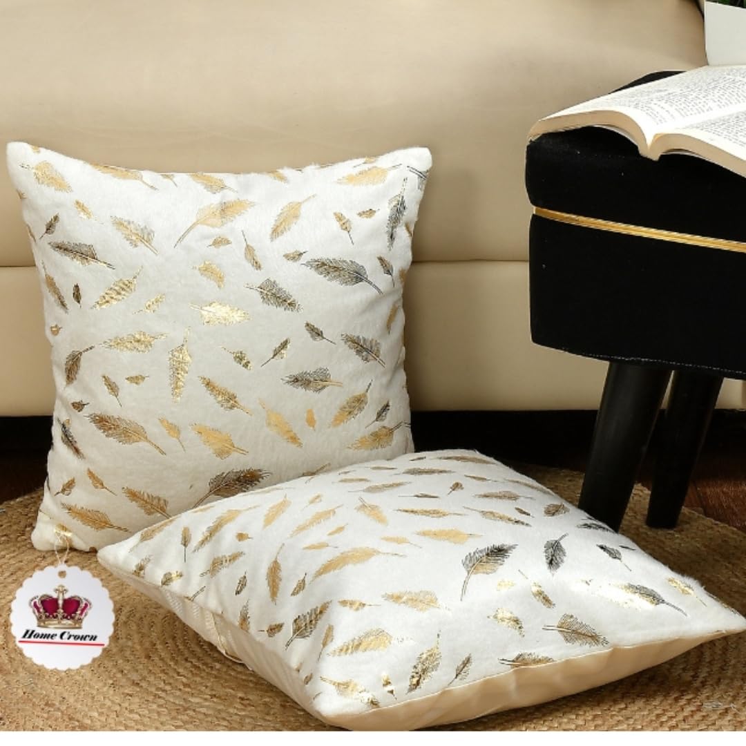 HOMECROWN Velvet Cushion Covers 16x16 Inch – Set of 2 Pcs, Golden Feather Print, Soft Faux Fur Decorative Throw Pillow Covers for Sofa, Couch, Bed, Living Room (White)-image-14