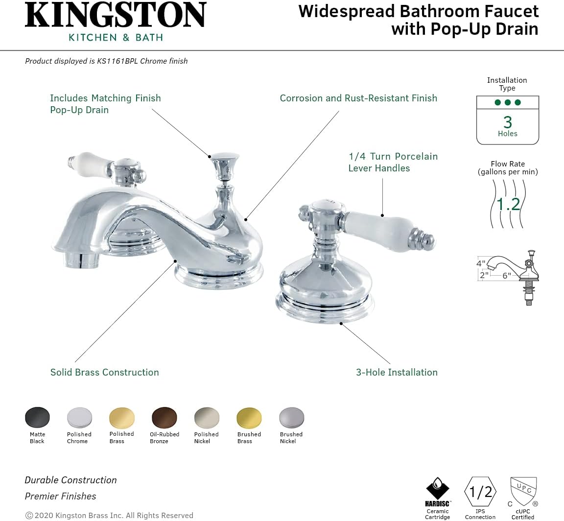 Kingston Brass KS1168BPL Bel Air Widespread Lavatory Faucet with Brass Pop-Up, 5-1/2 inch In Spout Reach, Brushed Nickel