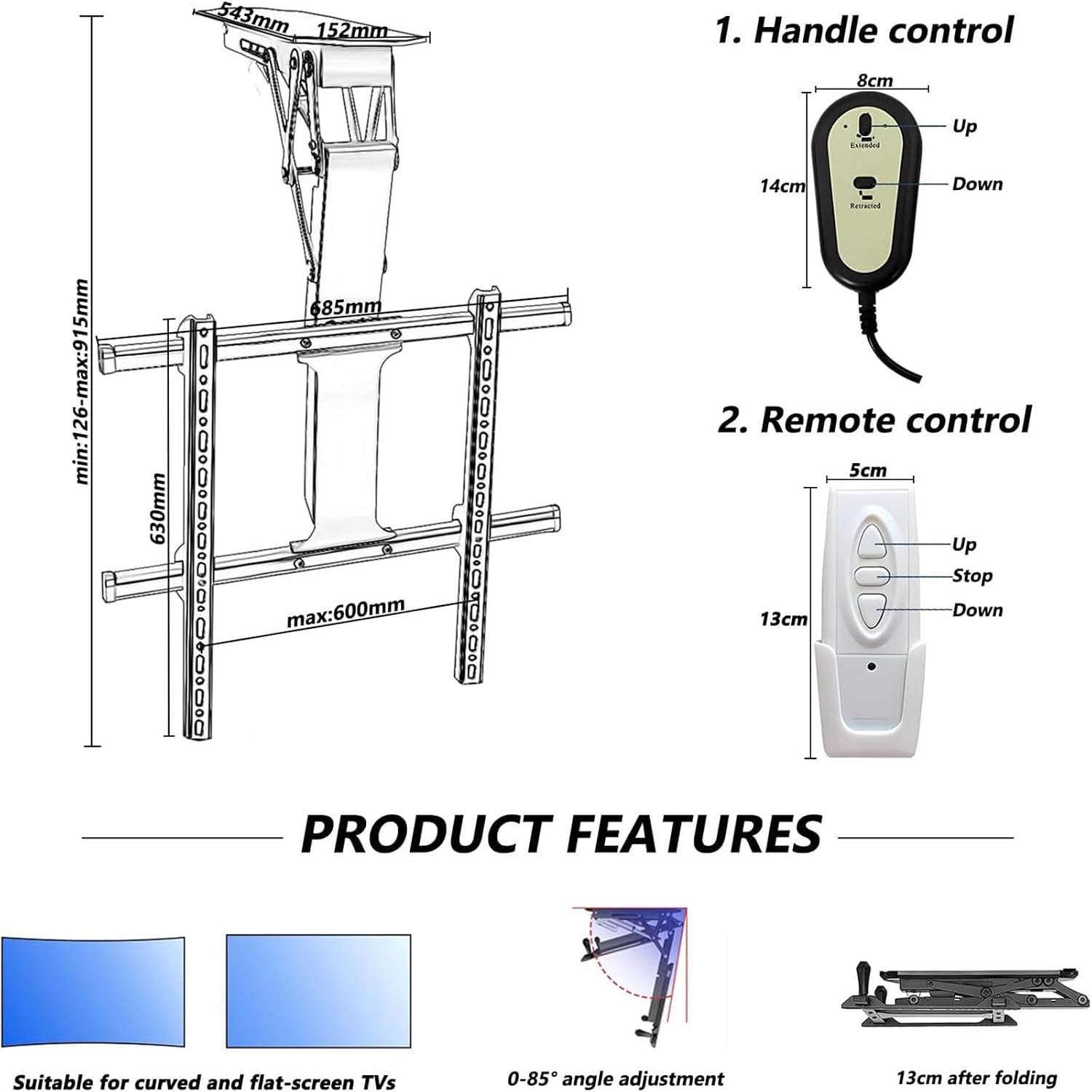 Motorized Ceiling TV Mount Stand for 32-70 Inch TVs - Hidden Pull-Down Lift, 0-85° Tilt, Adjustable Height, Perfect for Home, Office, and Entertainment Spaces,3270 Inch