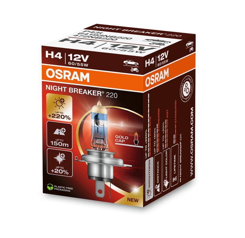 OSRAM Night Breaker 220, H4, 220% More Brightness, Halogen Headlight Bulb, 64193NB220, Folding Box (1 Lamp)