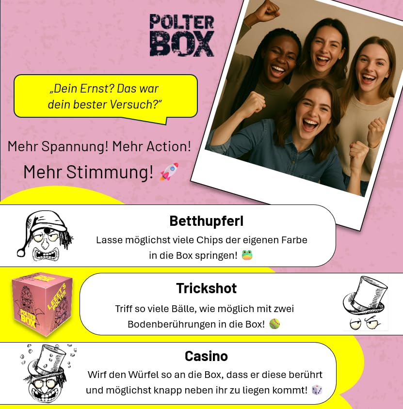 JGA PolterBox Deluxe – Komplettset mit 11 Partyspielen für Junggesellinnenabschied, 4–20 Spielerinnen – All-in-One JGA Partybox für Polterabend, Aufgaben & Gruppen-Challenges (Girls Edition)