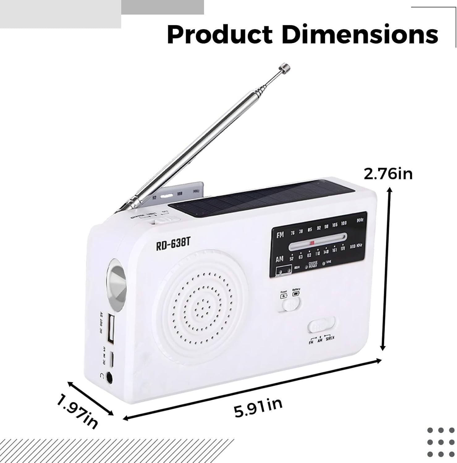 Emergency Radio, Hand Crank Solar Powered Am/Fm Radio, Led Flashlight, Sos Alarm, Usb Charging, 5.9 X 2.8 X 2 In