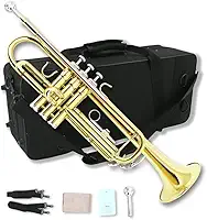 Trompete Bb para iniciantes, trompete plano B padrão com bocal 7C, estojo rígido, luvas e pano de limpeza, instrumento de latão estudantil (dourado)