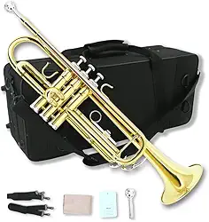 Trompete Bb para iniciantes, trompete plano B padrão com bocal 7C, estojo rígido, luvas e pano de limpeza, instrumento de latão estudantil (dourado)