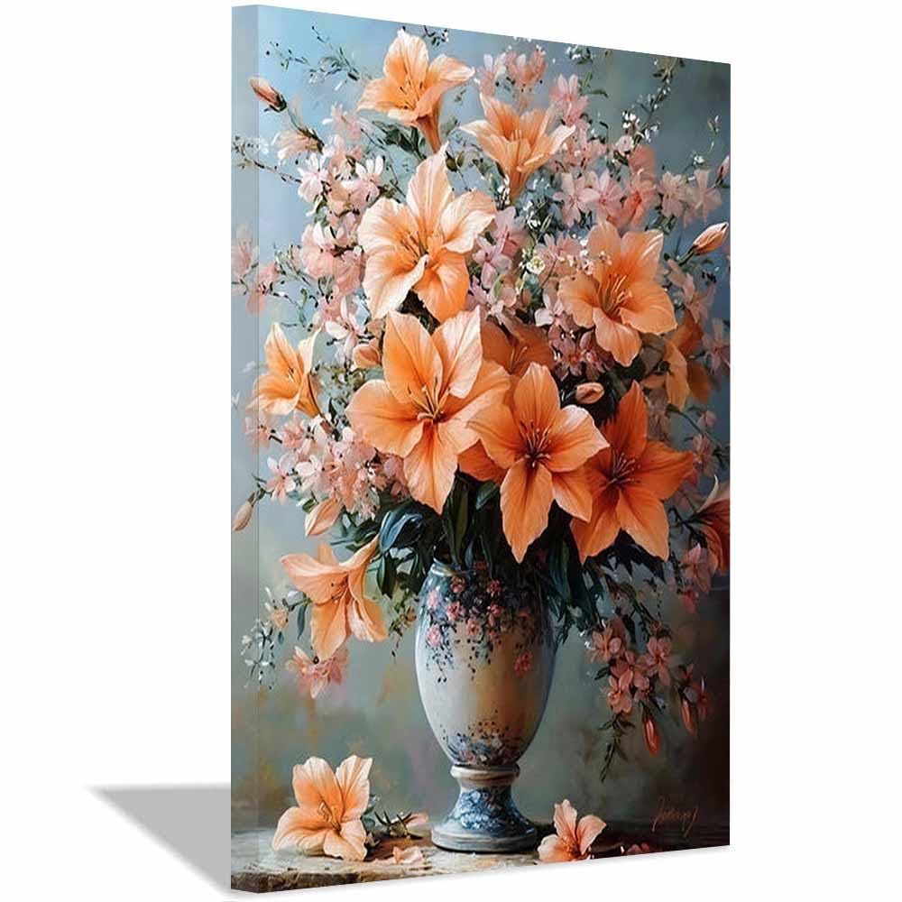 QUSAAOU Wandbilder Dekoration Orange Vase Florale Stillleben Leinwand Poster Schlafzimmer Dekoration Landschaft BüRo Raumdekoration Deko Wand Kunstdruck Wanddeko(Orange)-30x45cm Gerahmt