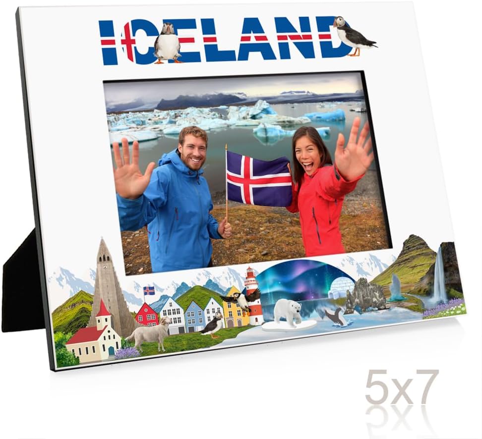 KATE POSH Stunning Iceland-Themed, Iceland Northern Lights UV Gloss Wooden Picture Frame – Perfect for Your Travel Memories (5x7-Horizontal)