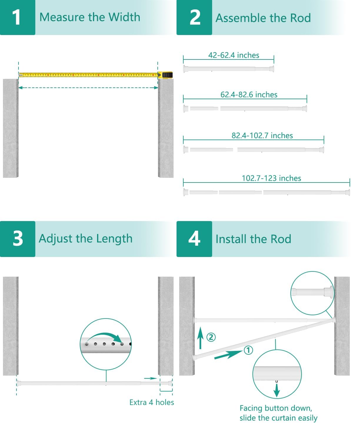 Tension Curtain Rod by EZFurni, 42 to 123 Inch, Heavy Duty Tension Rod for Windows, Anti-Slip White Curtain Rod Spring Tension, Adjustable Spring Loaded Curtain Rods No Drilling, Easy Install