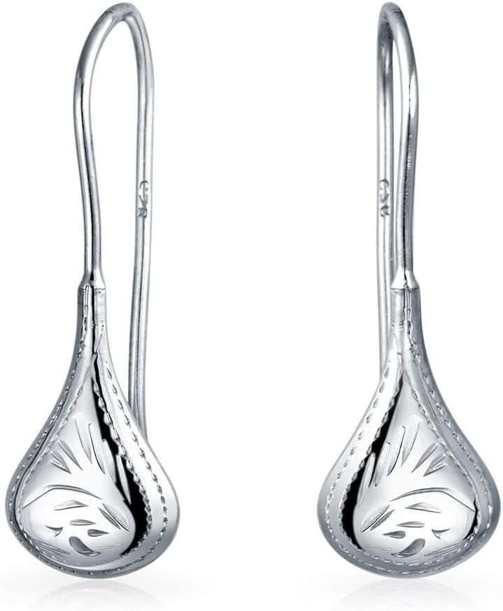 Bling Jewelry Carved Etched Puffed Diamond Cut Rain Drop Teardrop Earrings For Women Fishhook .925 Sterling Silver 1.25 1.5 1.75 Inch