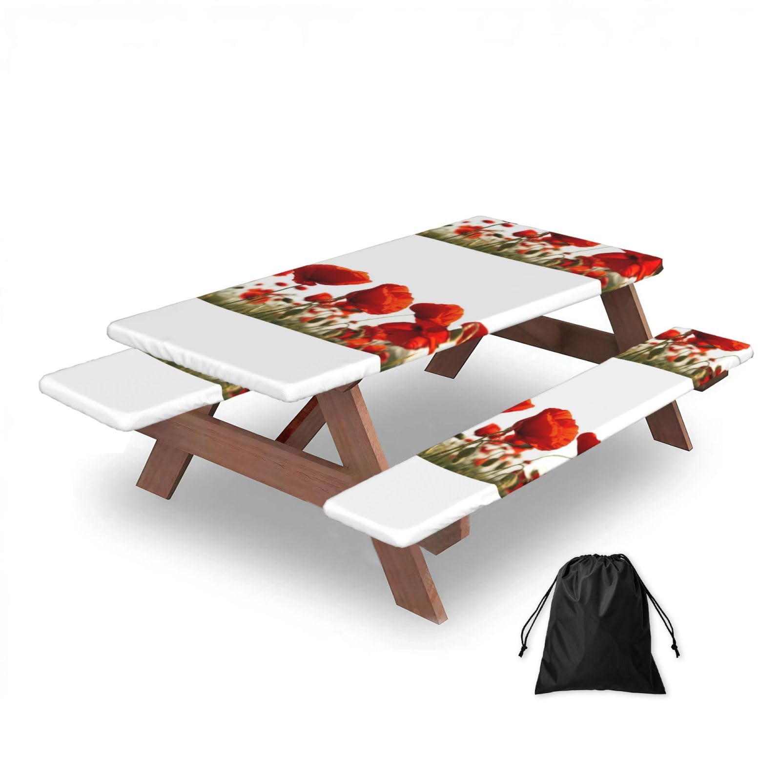 Dopklna As Picture Red Poppies, Picnic Table Cover With Bench Covers -Waterproof Elastic Fitted Tablecloth For Garden Camping Patio 76X152cm