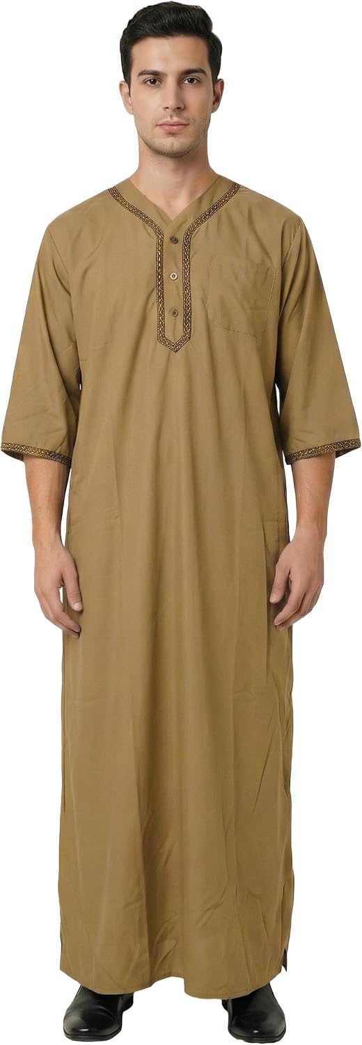 Mens Kaftan Thobe V-Neck Half Sleeve Muslim Robe Dubai Long Gown Saudi Arab Thobe Robes for Summer Beach