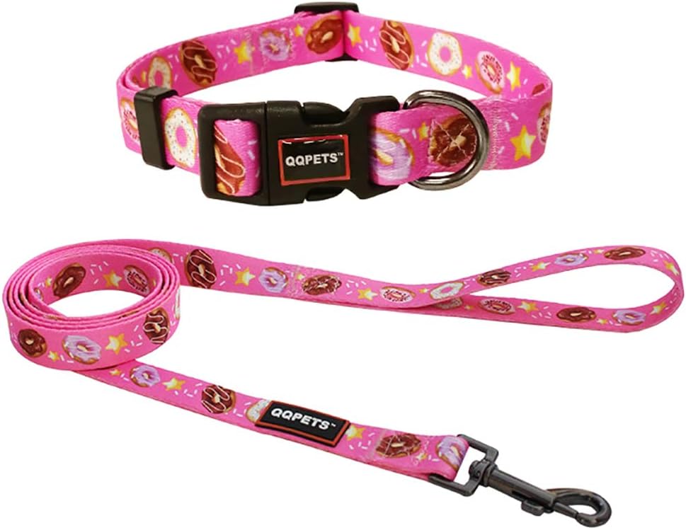 QQPETS Dog Collar and Leash Set Pink Donut Pattern Personalized Double Padding Collars Soft Leashes for Medium Dogs Running Walking (M,…