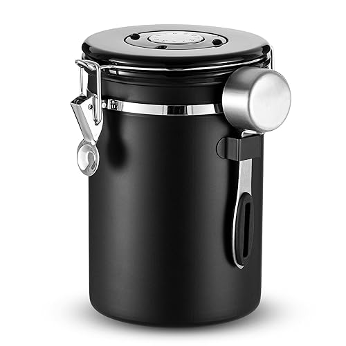 matt black coffee canister with date tracker air tight seal