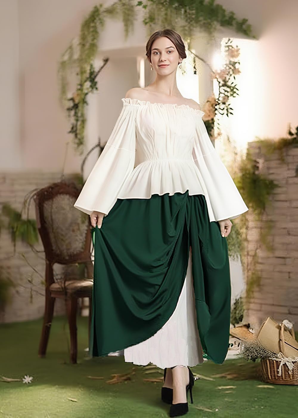 VNVNE Halloween Renaissance Fairy Pirate Witch Costumes for Women, Medieval Victorian Vintage Peasant Cosplay Ren Faire Dress