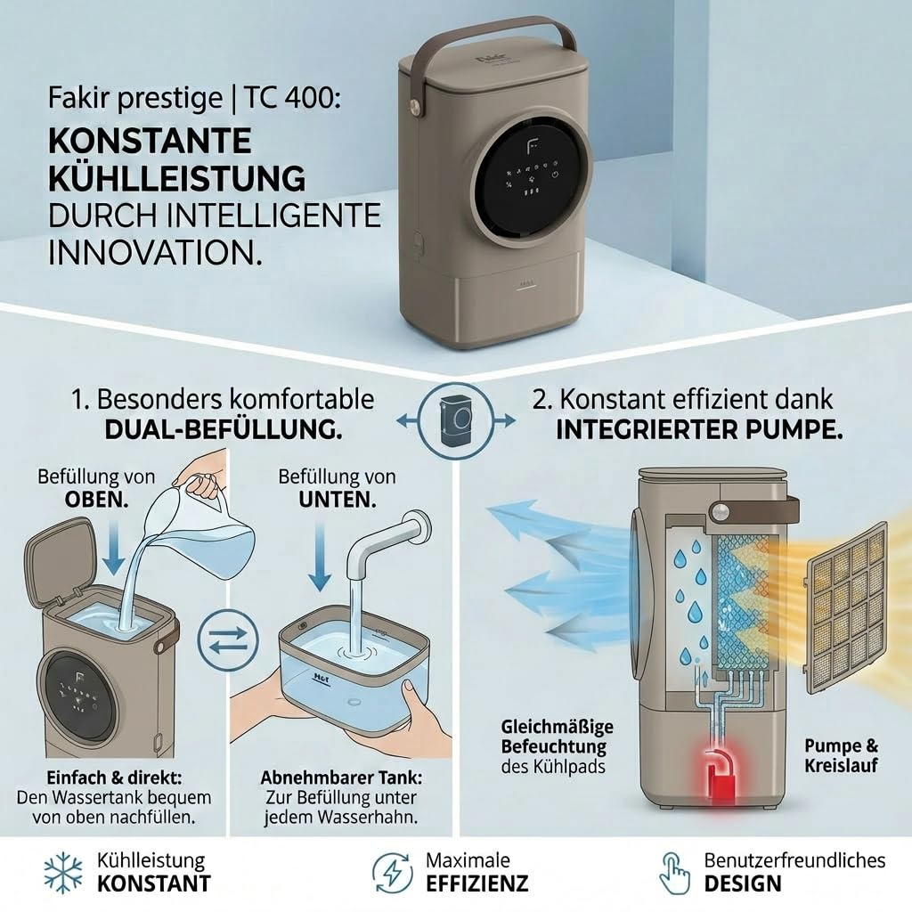 Fakir prestige TC 400 Mobiler Luftkühler kabellos - Air Cooler mit Li-Ionen-Akku, Verdunstungskühlung, Auto-Trocknungsfunktion, 4 Stufen, 24 dB(A), Dual-Befüllung, Farbe: Milk Coffee
